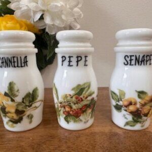 Vintage Italian Milk Glass Spice Jars Cannella‎ Pepe Senape Fruit Opalex Style